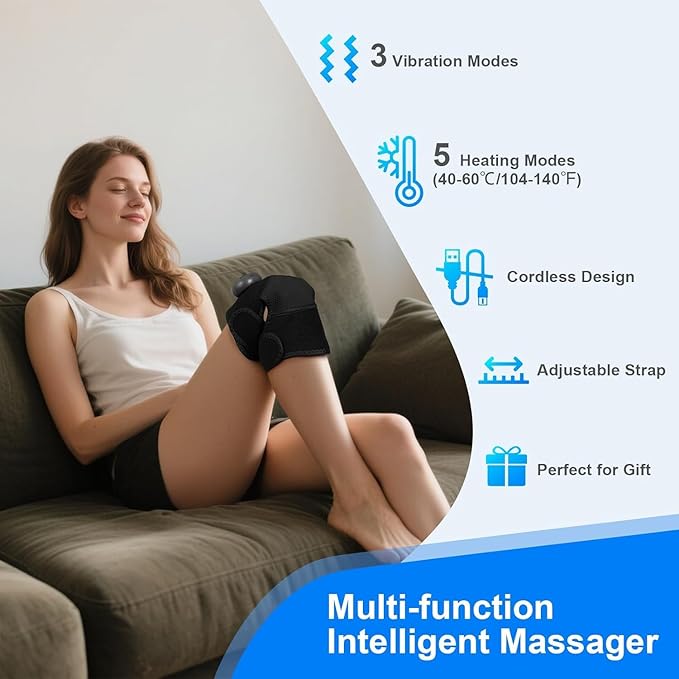 BIBIRE Knee Brace Massager with Heat Vibration Massage Pain Relief for Joints Elbow Shoulder Ligament and Muscles Injuries Two Adjustable Straps for Family Home