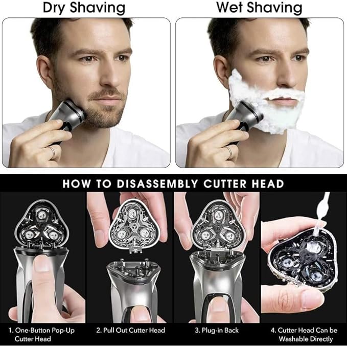 Head Shavers for Bald Men Electric Face Shaver Razor for Men 3D Floating Blade Washable USB Rechargeable Shaving Beard Machine (Color : Silver)
