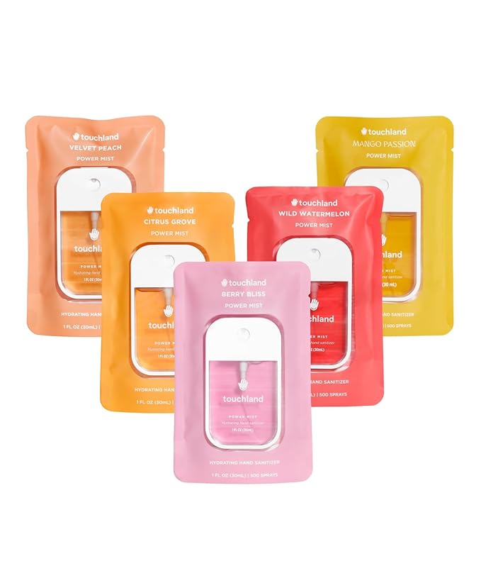 Touchland Hydrating Hand Sanitizer Spray – Juicy 5 Set (Citrus Grove Berry Bliss Wild Watermelon Peach Mango Passion) – 5 x 1 FL OZ Travel Size Mists