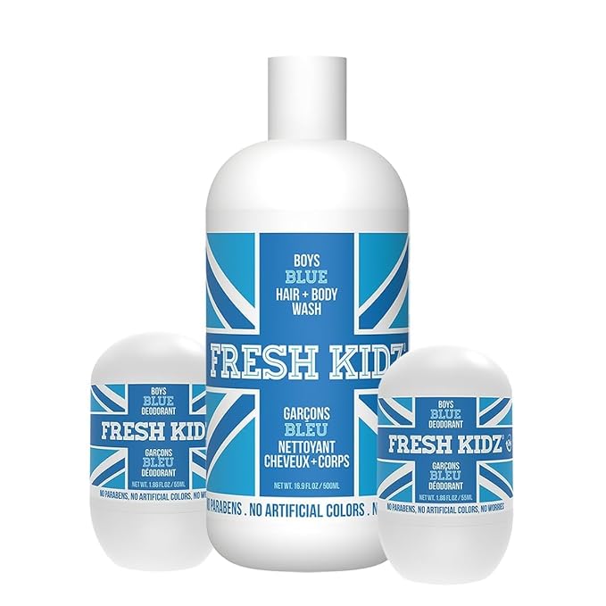 Fresh Kidz Hair &amp Body Wash 16.9 fl.oz. and 2 Roll On Deodorants 1.86 fl.oz. for Kids and Teens - Boys Blue Set