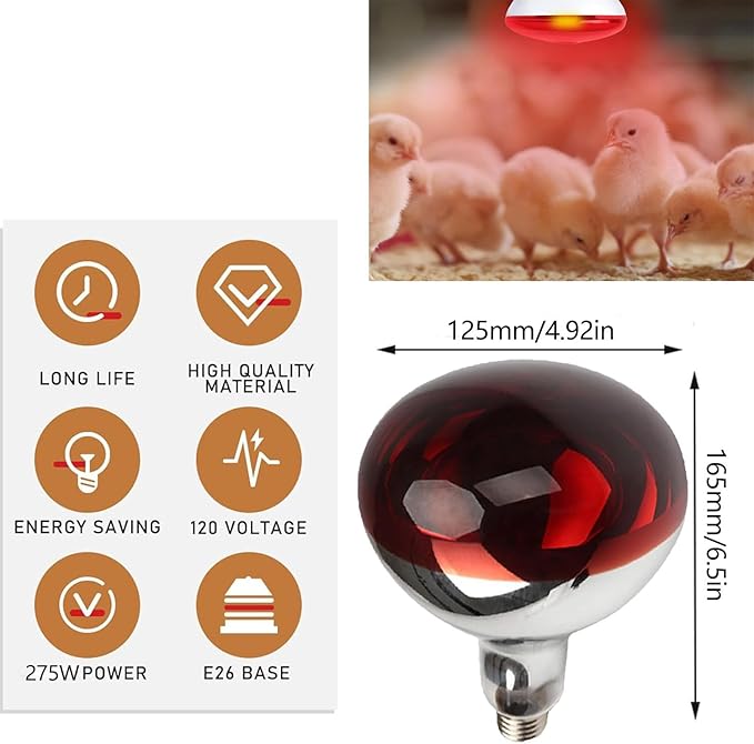 4 Pack 275W Infrared Heat Bulbs for Chickens Infrared Red Heat Lamp for Food Service Brooder Bulb Chicks Reptiles Pet Bathroom Sauna Heat Bulb E26 Base Infrared Red Light Therapy Bulbs