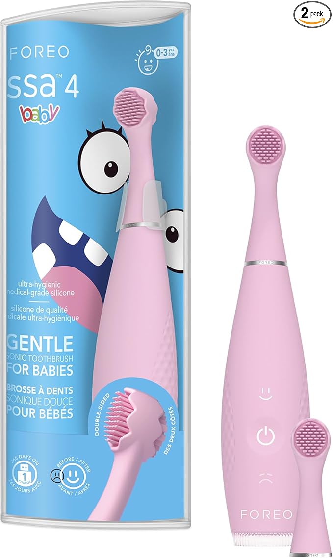 FOREO ISSA 4 Baby – Silicone Sonic Electric Toothbrush Bundle for Babies 2-Sided Bristles Fun Smile Feature Gum Massage 12 Months of Care with Extra Brush Head Travel-Friendly - Pearl Pink