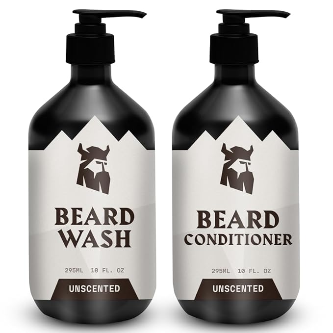 Striking Viking Unscented Beard Wash &amp Conditioner - 10 Fl Oz Pack of 2 - Deep Cleansing Oil Formula - Soothing Softener with Jojoba Oil - Itch-Free Gentle Hydration for Beard Care
