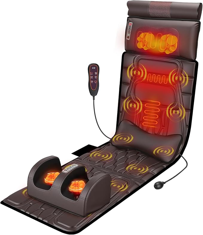 KOCASO PU Leather Full Body Massage Mat Multifunctional Massage Chair Pad with Heat Timer Shiatsu Neck Foot Massager Lumbar Pillow Carry Bag Earplugs Anti-Slip Bottom for Reclining Chair