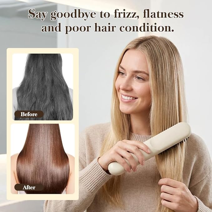Cordless Hair Straightener Brush 2 in 1 Curl &amp Straighten Styling Tool USB-C Rechargeable Ceramic Heated Brush with 4 Heat Settings Portable Travel Hair Tool for Short &amp Long Hair (Beige)