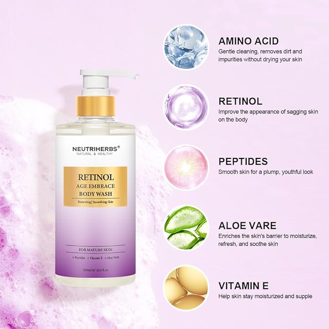 Neutriherbs Retinol Body Wash Anti Aging/Renewing Shower Gel For Women And Men Daily Shower Soap With Peptides Vitamin E Aloe Vera - Orange Blossom Scent 16.9 Fl.Oz