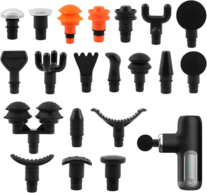 Massage Gu-n Attachments 20pcs Relaxation Massager Heads with 2pcs Drawstring Bag Different Massager Heads to Meet Different Needs for Deep Tissue Percussion Plug and Play(Black)