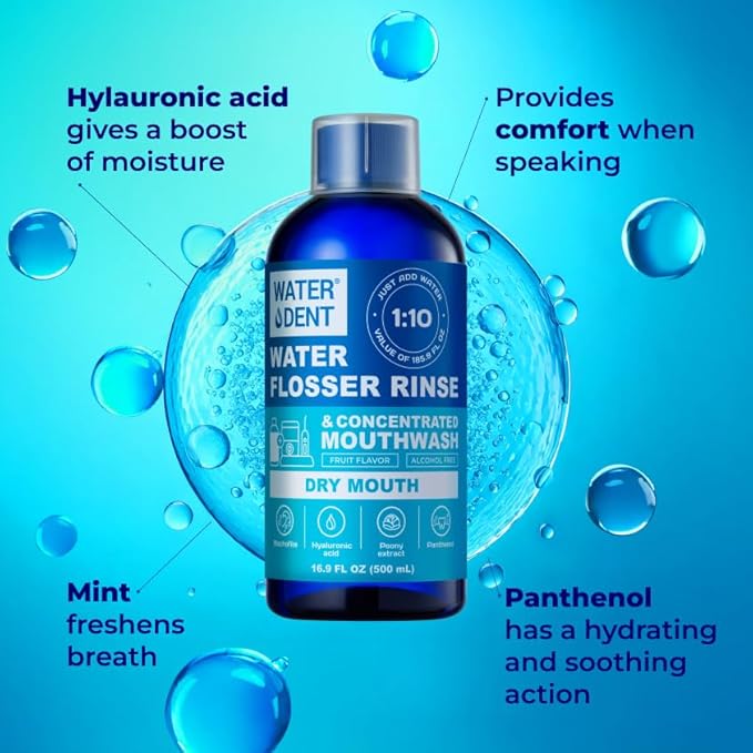 Concentrated Irrigant Dry Mouth | Add to Water Flossers | Mild Mint &amp Fruit Flavor |1:10 = 186 fl.oz | Alcohol Free Fluoride Free. Made in USA (PACK OF 2)