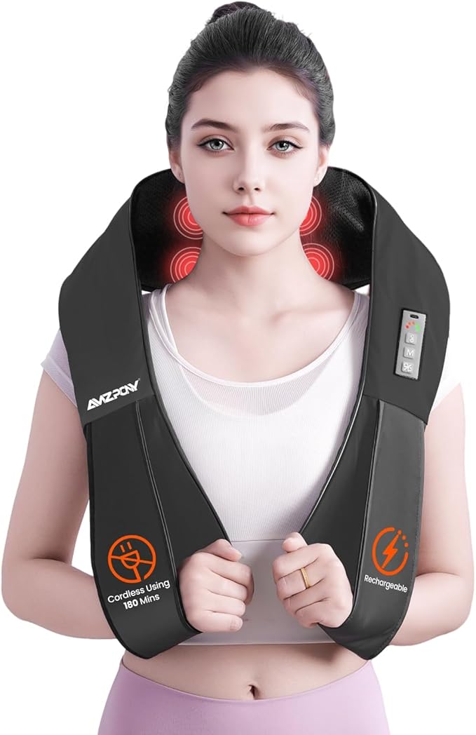 AMZPONY® Cordless Neck Massager for Pain Relief Deep Tissue Rechargeable Shiatsu Neck and Back Massager with Heat Kneading Shoulder Massage for Body Muscle Pain ReliefGifts for Dad Mom Friends