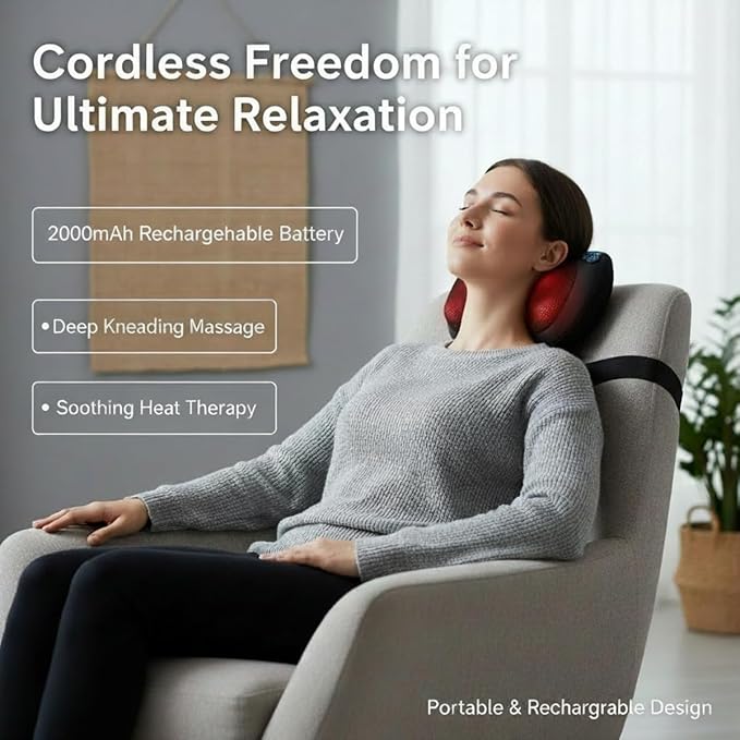 MLVOC Neck Massager &amp Back Massager with Heat - Portable 3-Speed Shiatsu Massage Pillow for Body Relief 37°C Thermal Therapy Rechargeable 2000mAh Battery for Home/Car/Office/Travel Use
