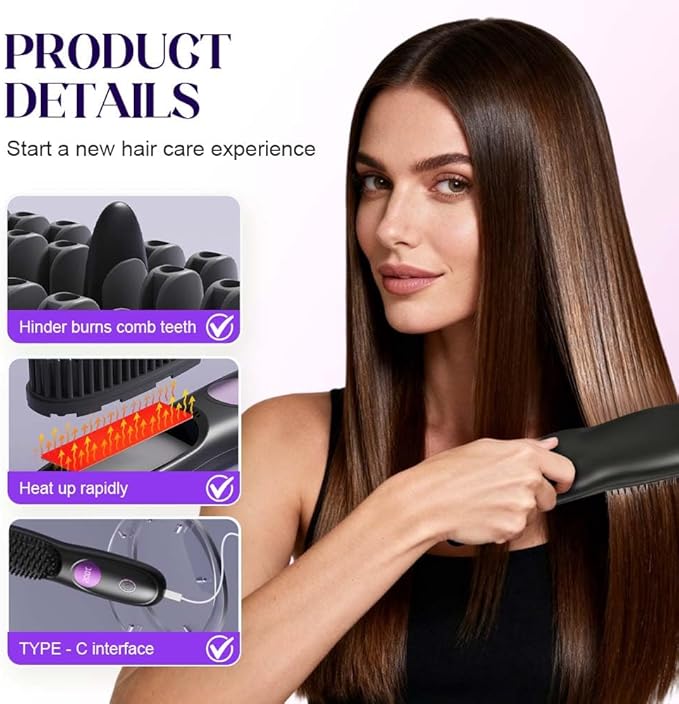 2026 New Go Brush Pro Cordless Hair Straightener Brush Portable Mini Hair Straightening Brush with LED Display USB Rechargeable Cordless Straightening Irons Comb for Women Short Long Hair (Black)