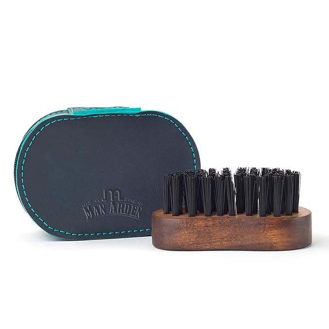 Man Arden Pocket Size Beard Brush with Hand Crafted Premium Wood Handle with Premium Faux Leather Pouch