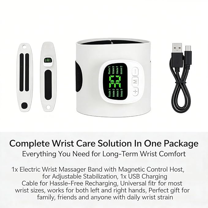 Rechargeable Adjustable Electric Wrist Massager Portable Cordless Hand Massager with Heat and Compression 10 Modes 29 Intensities Wearable Heating Pad fo Sports (White)