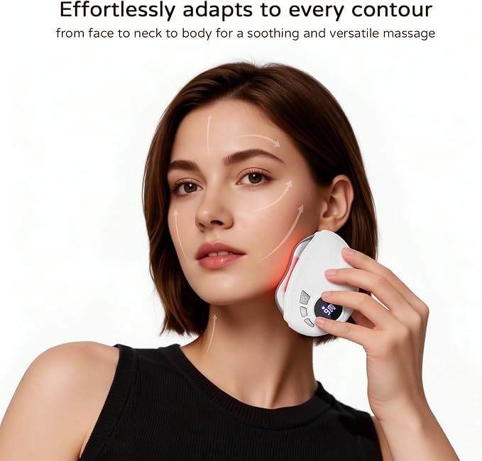 Professional LED Red Light Gua Sha Massager 9-Level Adjustable Face and Neck Sculptor for Skin Firming Jawline Contouring &amp Serum Absorption Portable Metal Facial Skincare Tool - White