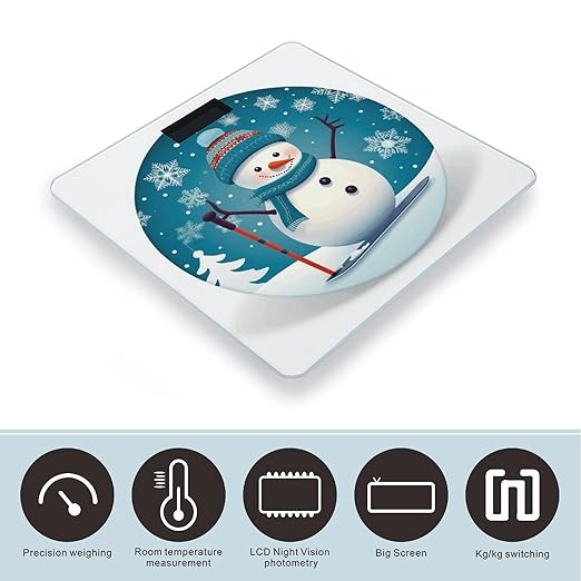 Lovely Christmas Cartoon Skiing Snowman Snowflake Scale for Body Weight High Precision Digital Weight Scales with LCD Display Anti-Slip Sturdy Slim Tempered Glass Bathroom Scale for Home Use