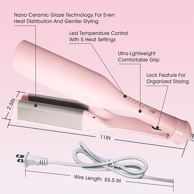 Beach Waves Curling Iron 1.4 Inch Double Barrel Waver Ceramic Wave Iron for Hair Beach Waver Hair Crimper for Women Anti-Scald Dual Voltage Wavy Iron Deep Wave Tool Pink
