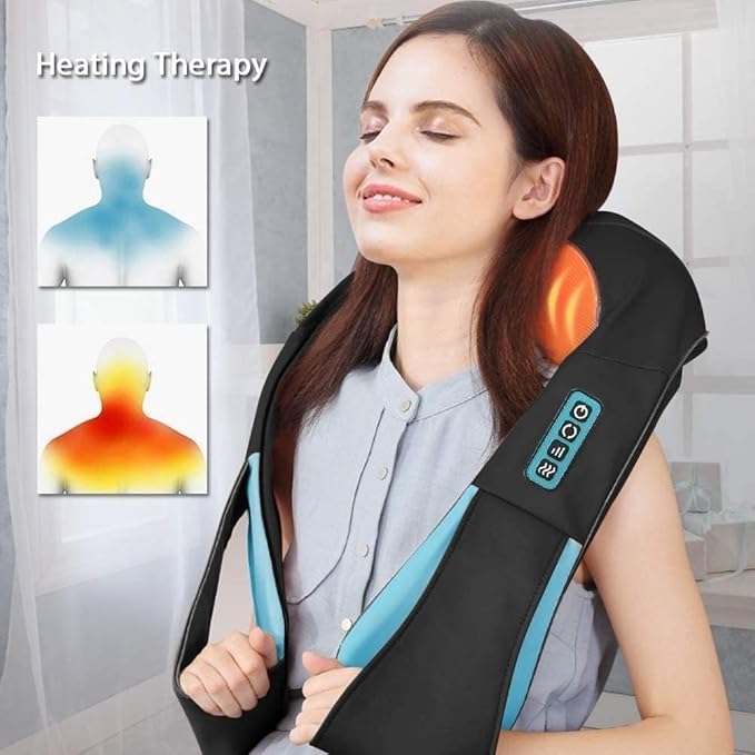Back and Neck MassagerShiatsu Shoulder MassagerElectric Deep Kneading Massage with Heat Massage for Muscle Relief Tired Back Neck Shoulder &amp Legs (Black BlueFour Buttons)