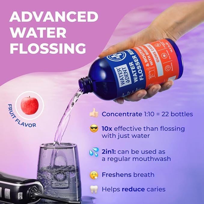Concentrated Water flosser Rinse &amp mouthwash Gum Care| Add to Water Flosser &amp Oral irrigator | Apple Mint| Pack of 1 = 16.9 fl.oz | Alcohol Fluoride Free Made in USA | WATER DENT
