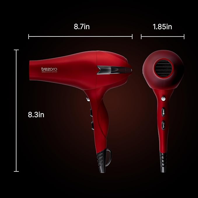 TREZORO Professional Hair Dryer Ionic Ceramic Tourmaline Technology 2000W Fast Quiet Drying with Narrow &amp Wide Concentrator Nozzles 3 Heat &amp 2 Speed Settings Cool Shot Button Red
