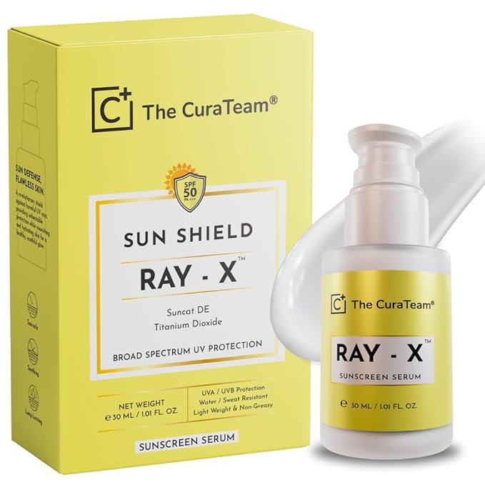 RAY-X™ Sunscreen Serum SPF 50 PA+++ with Suncat DE Broad Spectrum | UV A UV B | Blue Light Protection | Titanium Dioxide for Sun burn Sun Damage by Harmful Rays | Glowing Skin | 30ml