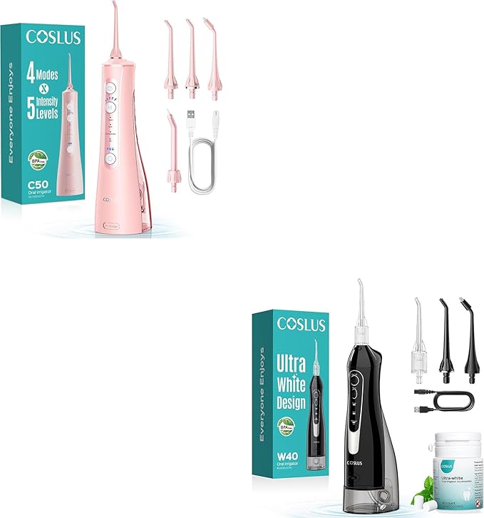 COSLUS 4 Modes 5 Levels Pink Pro Flosser &amp W40(F5020E) Black Flosser Pick