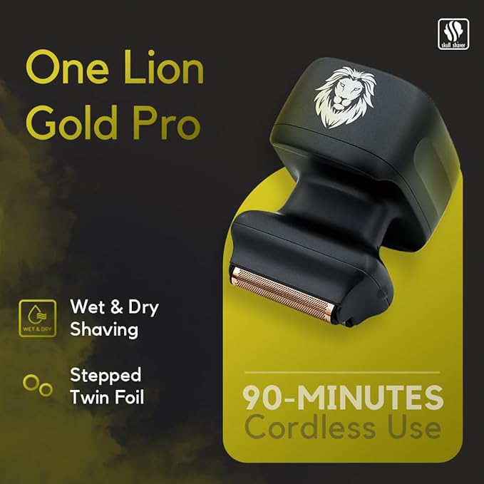 Skull Shaver One Lion Gold PRO Face Shaver for Men - Precision Grooming - Stepped Twin Foil - Ergonomic Grip - LCD Display - Cordless &amp Rechargeable