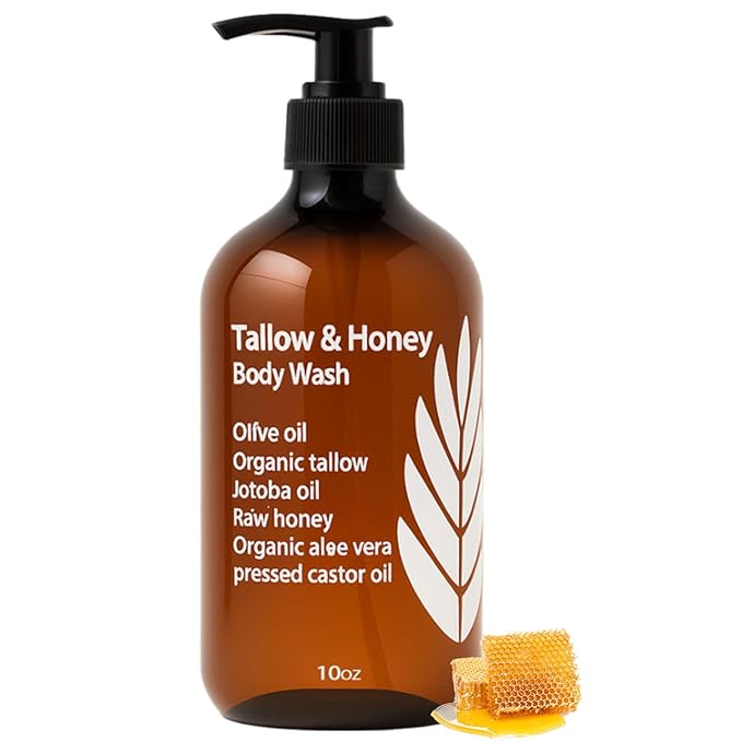 Tallow and Honey Body Wash Grass-Finished Tallow &amp Honey Organic Body Wash -10oz with Grass-Fed Tallow Olive Oil Aloe Vera Shea Butter and Jojoba Oil Clean &amp Hydrate Skin (1)
