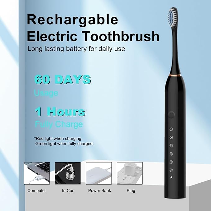 X-3 Electric Sonic Toothbrush with 2 Minute Smart Timer 30s Pause Reminder 45000 VPM 6 Modes 3 Replacement Brush Heads IPX7 Waterproof USB Fast Charging Black