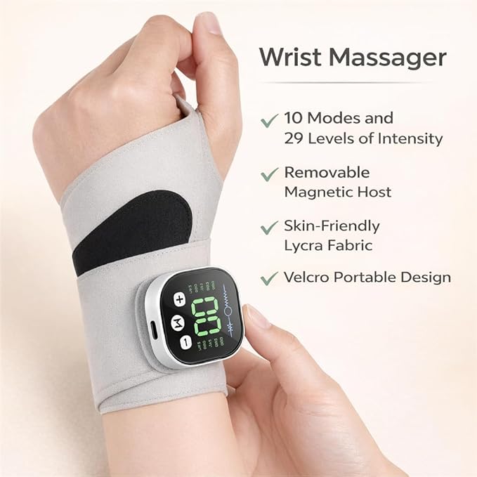 Rechargeable Electric Wrist Massager Portable Hand Heating Pad with 8 Modes &amp 30 Intensity Levels Wrist Massage Machine Wearable Hand Heating Pad for Daily &amp Sports (White) (Navy Blue)