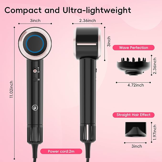 CINOSTAR Hair Dryer Fast Drying Blow Dryer with Diffuser with 110 000RPM Brushless Motor&ampIonic Technology No Heat Damage Lightweight for Women and Travel Low Noise Black &amp Blush Rose