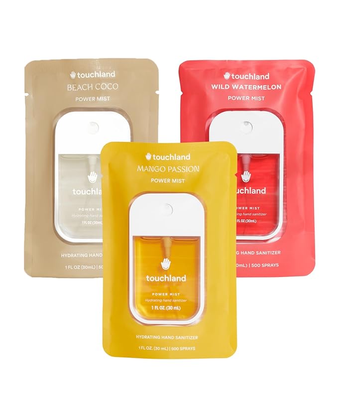 Touchland Hydrating Hand Sanitizer Spray – Tropical Trio Set (Mango Passion Beach Coco Wild Watermelon) – 3 x 1 FL OZ Travel Size Mists