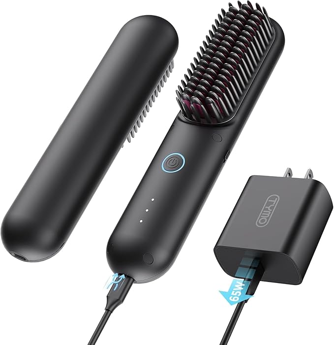 TYMO Cordless Hair Straightener Brush - Porta PRO Portable Straightening Brush for Travel Mini Ionic Hot Comb Straightener for Women Lightweight on-The-go Cordless &amp Fast Charger Dual Power Bl