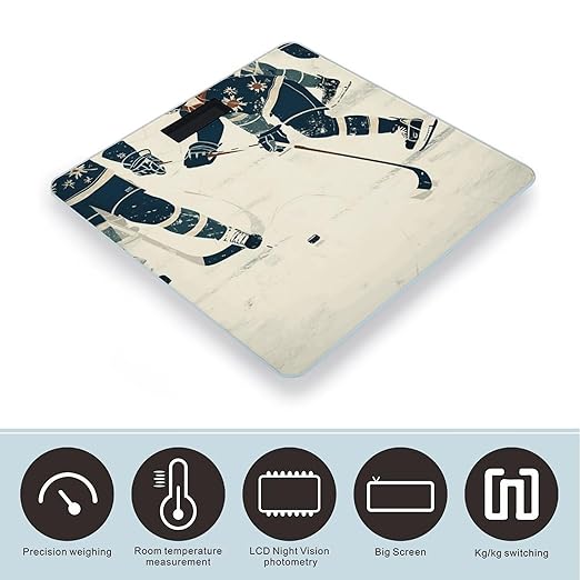Ice Hockey Pattern Bathroom Scale Automatic Power On/Off Body Scales LCD Backlight Display Square Digital Scale Rounded Corners Bathroom Scales for Home Bedrooms