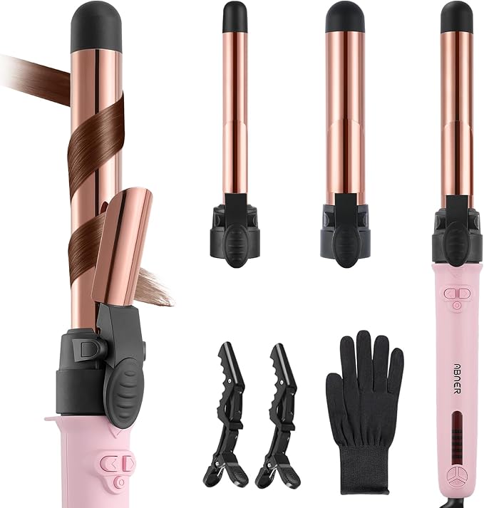 ABNER Rotating Curling Iron Set Automatic Curling Wand for Long Hair Easy to Use Hair Curler Get Effortless Beach Waves 3 Sizes Ceramic Barrel 0.75 1 1.25 to 430°F with Home Button Dual Voltage
