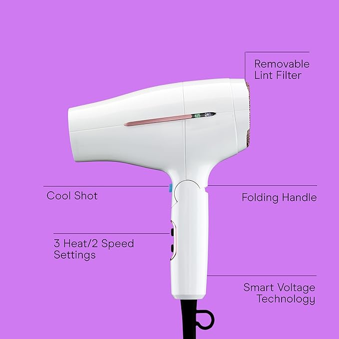 Conair Double Ceramic Travel Dryer with Concentrator &amp Folding Handle 1875W Travel Blow Dryer with Smart Voltage Technology Ionic Conditioning Fights Frizz 3 Heat &amp 2 Speed Settings White