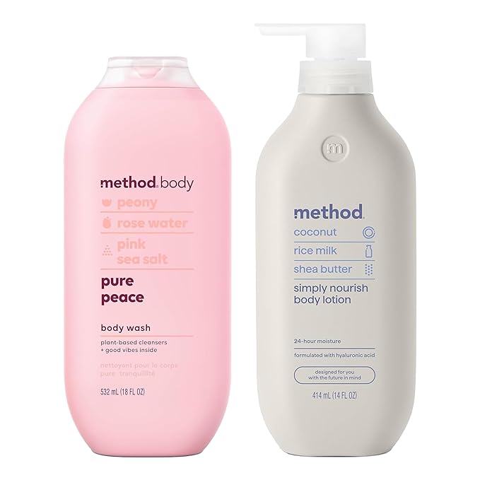 Bundle of Method Pure Peace Body Wash 18 oz (Pack of 1) + Method Simply Nourish Body Lotion 14 oz (Pack of 1)