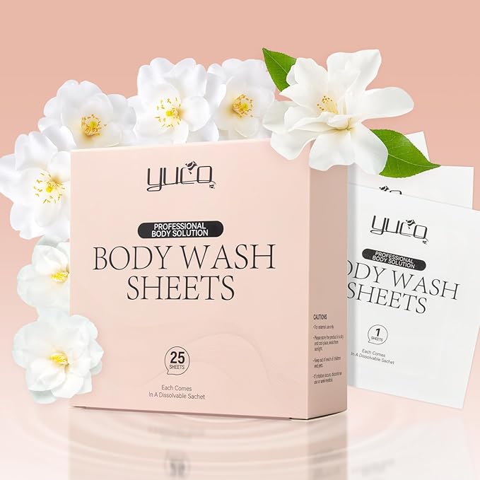 YUCO Travel Body Wash Sheets Travel Pack 25 SheetsIndividual Sachetfor Body WashCamellia Japonica ScentFor GymCampingVacationHotelsHospitalBusiness TripFlight Travel Essentials