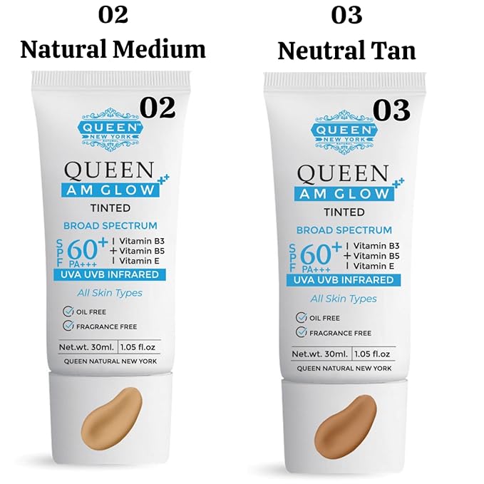 QUEEN AM GLOW | TINTED SunScreen SPF 60 PA+++Primer-Face Moisturizer- Vitamin B3 B5 E- Non-Greasy Silky Touch-oil free fragrance free by QUEEN NATURAL NEW YORK (Pack of 2)