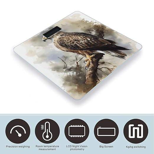 Watercolor of Hawk Sitting in The Tree Bathroom Scale for Body Weight Bathroom Digital Electronic Weighing Scale with Back Lit LED Display Sturdy Tempered Glass Weight Watchers Scales 400lb