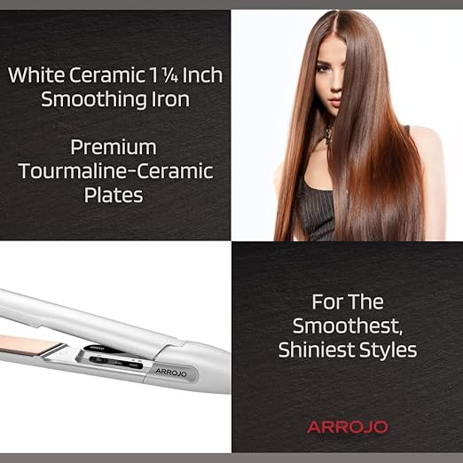 Arrojo AP-C450 White Ceramic Smoothing Iron — Dual Voltage Flat Iron — 450 Degrees in seconds — Ceramic Hair Iron for All Types of Hair — No Frizz Ceramic Plates — 1 ¼ Inches