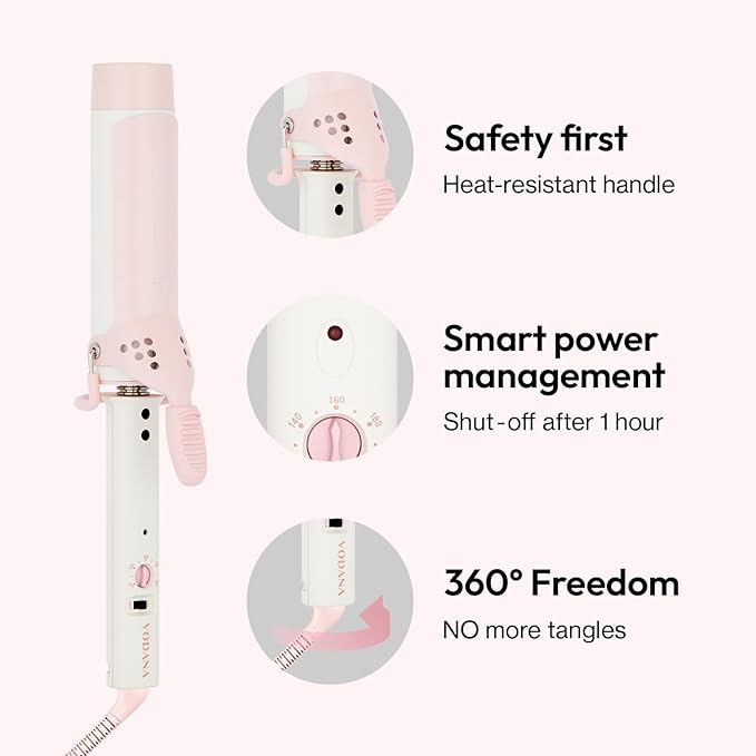 VODANA Professional GlamWave Ceramic Curling Iron 1.6 Inch Barrel Strawberry Cream Color Instant Heat Technology Natural Long-Lasting Curls