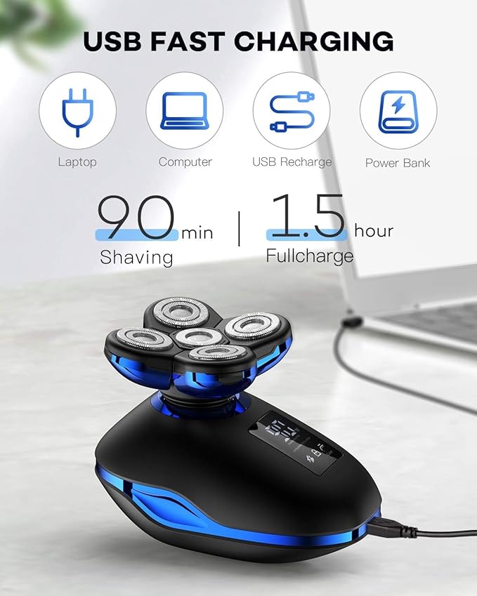 Head Shavers for Bald Men 5in1 Digital Display Wet Dry Electric Shaver Men Bald Shaving Machine Beard Hair Trimmer Body Facial Electric Razor Rechargeable (Color : OneColor)