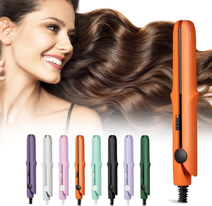 2026 Upgraded Mini Dual Purpose Curling Iron 2-in-1 Mini Curling Wand Flat Iron Hair Straightener Portable Travel Curling Wand for Short and All Hair Types (Orange)