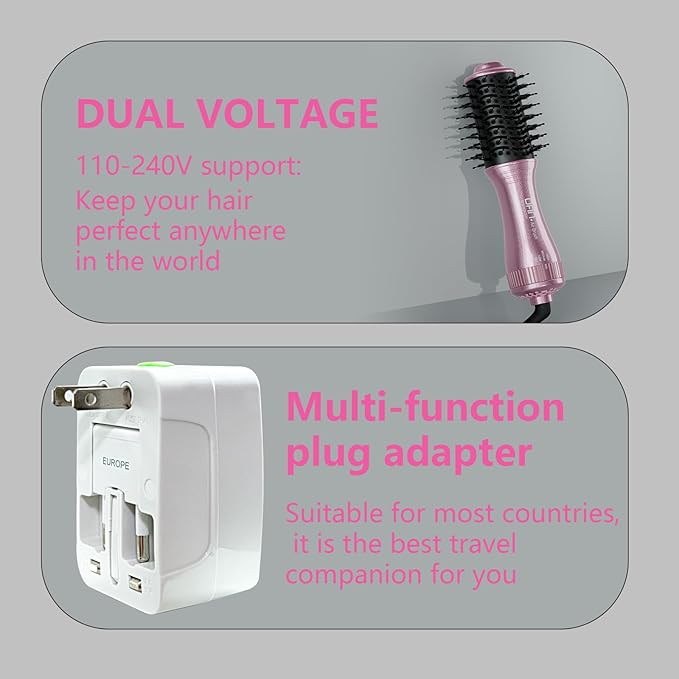 DAN Dual Voltage Hair Dryer Brush2 inch Blow Dryer Brush110V-120V/220V-240V Automatic Dual VoltagesmallBrush Hair dryers with Multifunctional Conversion Plugfor European and Travel Use