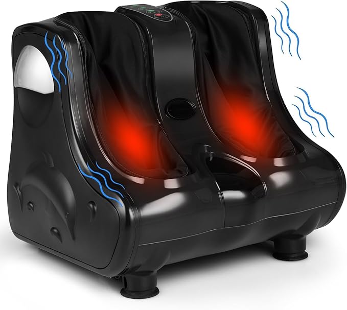 RELAX4LIFE Foot and Calf Massager Shiatsu Foot Massager Machine w/Heating Kneading Vibration Rolling Adjustable Speed &amp Tilt Base Leg Massager for Pain Relief (Black)