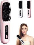 Cordless Hair Straightener Brush 7.8 Mini Hair Straightener with LCD Temperature Display Portable Hair Straightener Comb for Travel Negative Ionic Brush Straighteners for Women (Pink)