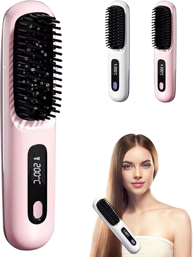 Cordless Hair Straightener Brush 7.8 Mini Hair Straightener with LCD Temperature Display Portable Hair Straightener Comb for Travel Negative Ionic Brush Straighteners for Women (Pink)