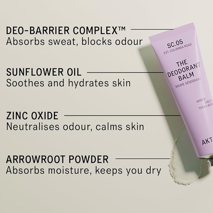 AKT THE DEODORANT BALM. Award winning multi-use natural deodorant. Plastic Free. Gender Free. Aluminium Free. 100% effective — 1 tube lasts up to 3 months. SC.05 COLUMBIA ROAD 50ml/1.76 FL.OZ