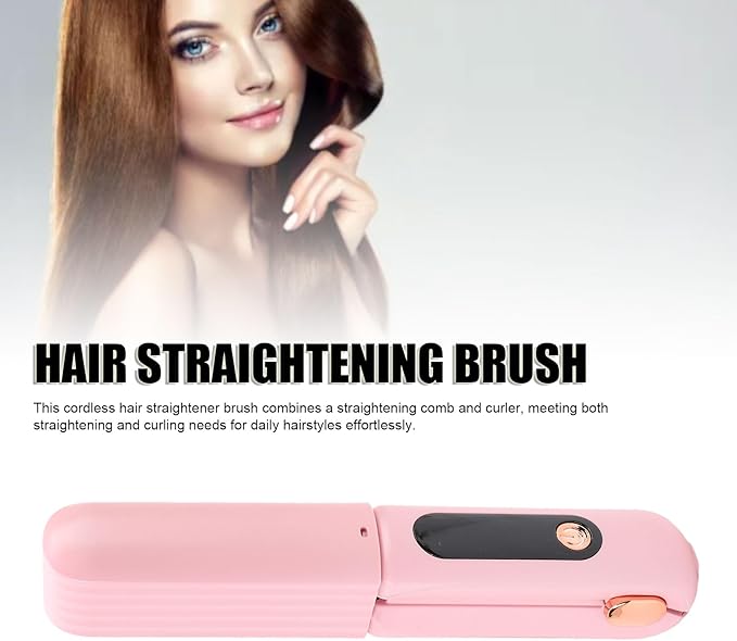 FILFEEL 60W Cordless Hair Straightener Brush 2 in 1 Straightening Comb and Curler with Digital Display 3500mAh Battery for Daily Hairstyles (Pink)
