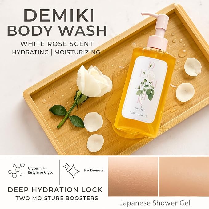DEMIKI Hydrating Body Wash for Sensitive &amp Dry Skin White Rose Scent Nourishing Shower Oil for Women Winter Moisture Care Sulfate-Free Paraben-Free Dye-Free 10 fl oz